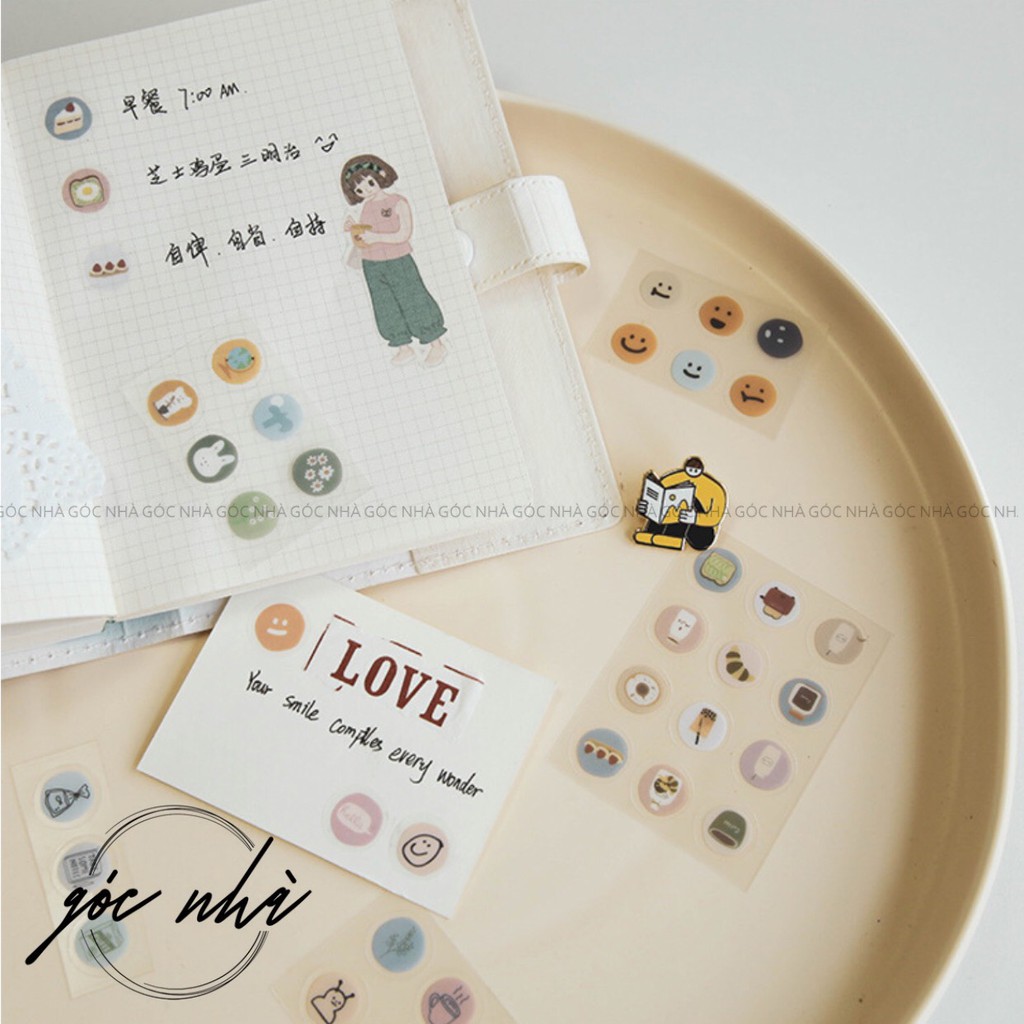Sticker nhãn dán chấm tròn nhỏ hình cảm xúc hoa lá đồ ăn cute trang trí sổ decor tường ốp điện thoại gocnha ST025