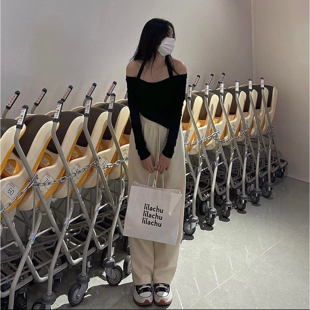 SET ÁO ĐEN TAY DÀI CỘT CỔ YẾM + QUẦN LƯNG THUN