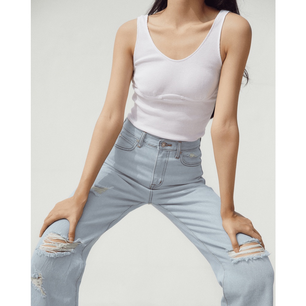 TheBlueTshirt - Quần Jeans Ống Rộng Nữ  Rách Gối Màu Nhạt - Cheeky Chic Wide Leg Jeans - Light Blue Wash