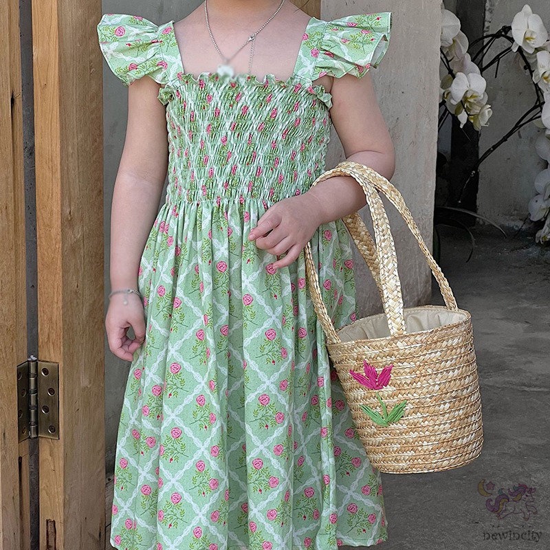 Đầm Công Chúa Tay Cánh Tiên In Hoa Đáng Yêu Thời Trang Mùa Hè Hàn Quốc Dành Cho Bé Gái