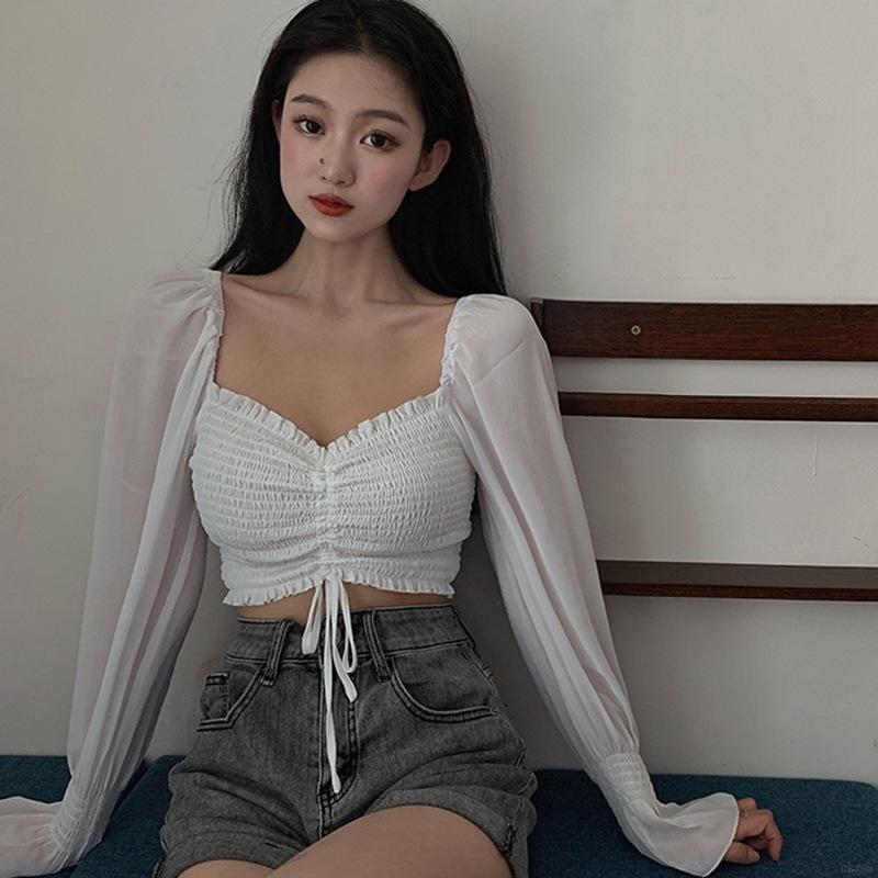 Áo Lửng Cổ Vuông Tay Dài Thời Trang Quyến Rũ Cho Nữ