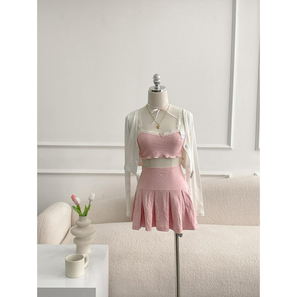 Cornpink House ❤ 𝐂𝐇𝐋𝐎𝐄 | Bộ đồ nữ tính coquette | Áo hai dây croptop | Chân váy Mini tennis | Áo Cardigan chống nắng