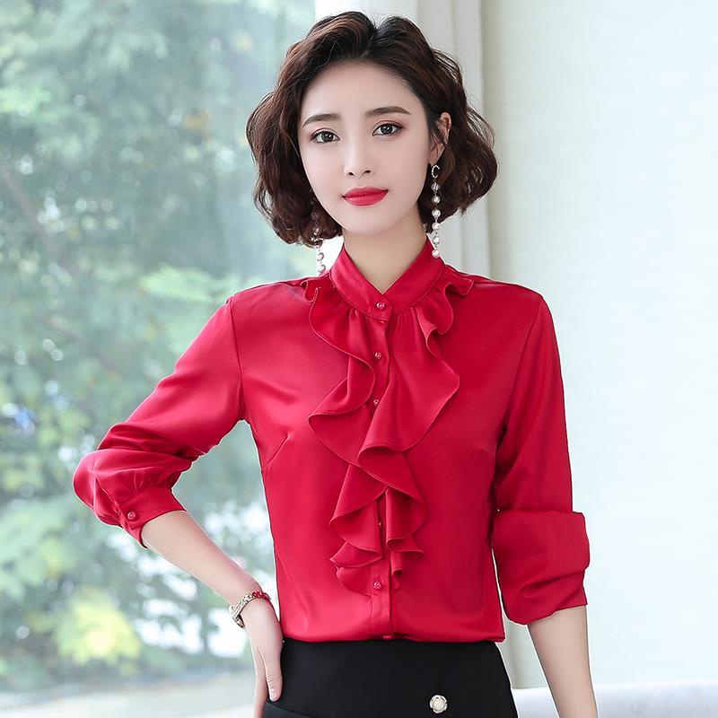 Áo sơ mi tay dài cổ đứng phối ren bèo thời trang cho phụ nữ trung niên