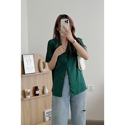 Áo sơ mi cổ vest cộc tay đũi lụa