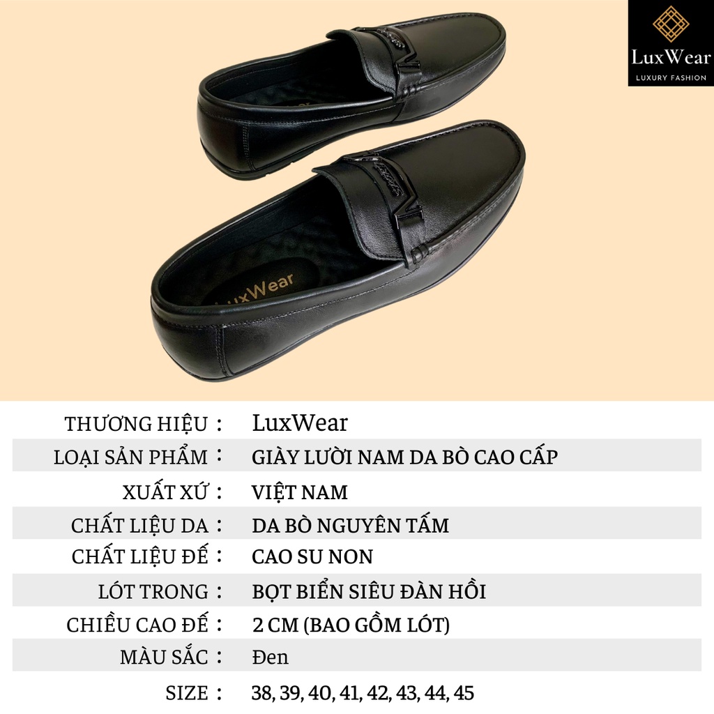 Giày lười nam da bò cao cấp đế khâu LuxWear Moccasins shoes màu đen bảo hành 12 tháng GM03