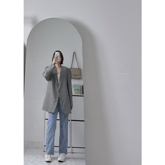 Áo blazer form rộng unisex màu xám có cầu vai đệm vai thời trang cao cấp