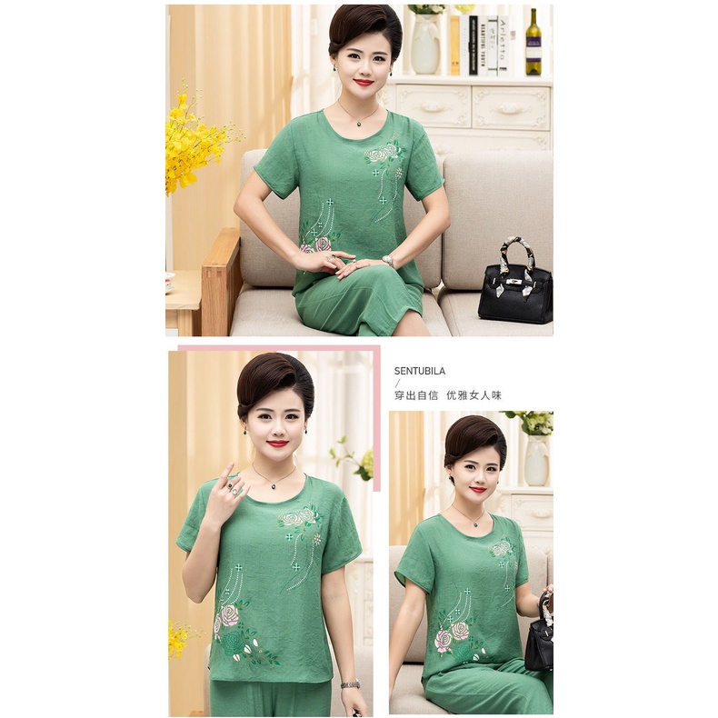Bộ Đồ Hai Mảnh Áo Cotton + Quần Rộng In Hình Dành Cho Phụ Nữ Lớn Tuổi