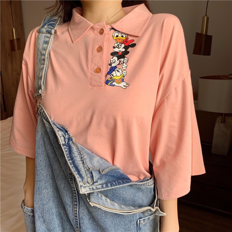 Áo Thun Polo Tay Lỡ, Áo Polo Tay Lỡ In Hình Chuột Mickey - Áo Polo Mix Unisex - mm