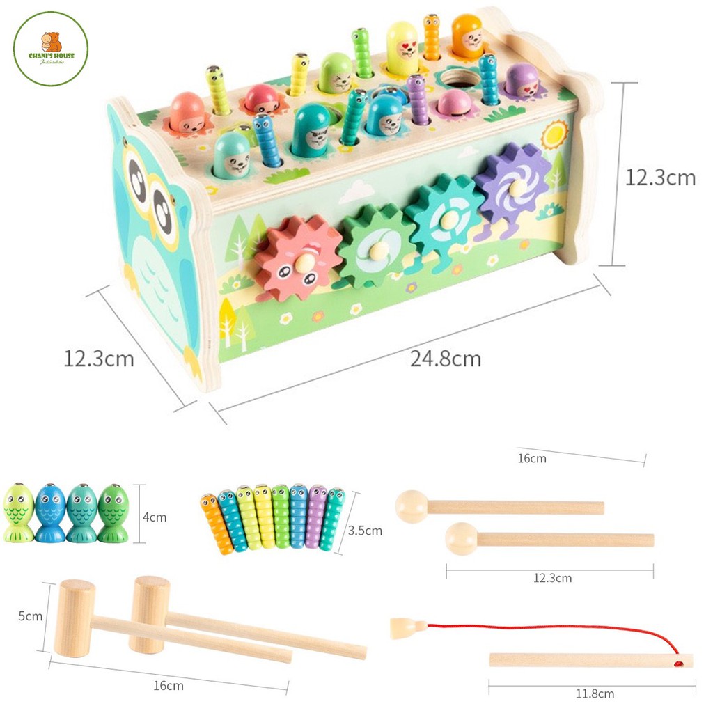 Đồ Chơi Tích Hợp Hình Chú Cú Mèo - 5 IN 1 Đập Chuột - Câu Cá - Đàn Xylophone - Bánh Răng Xoay - Bắt Sâu