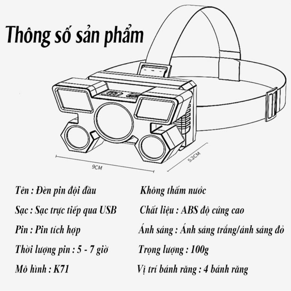 Đèn Pin Đội Đầu, Đèn Pin 5 Bóng Led Siêu Sáng, Chống Nước Kèm Dây Sạc