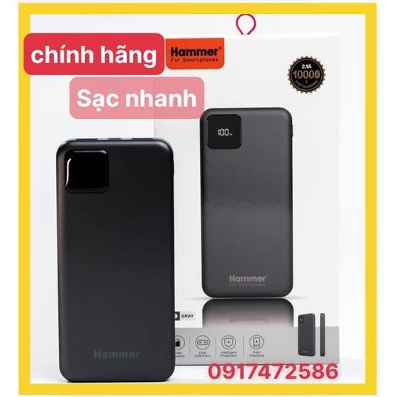 Sạc Dự Phòng Hammer (H09) Li-Ion - Polymer 10.000mAh, Sạc nhanh QC 3.0, LCD  - Hàng Chính Hãng