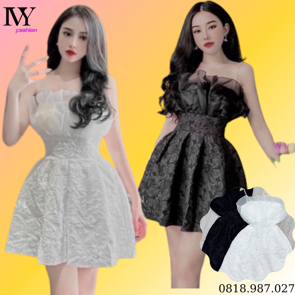 Đầm nữ 2 dây ngọc 🔥gấm xốp mút ngực🔥 cao cấp hoạ tiết nổi xếp ly bèo ngực xoè ngắn cúp ngực dự tiệc đi biển dạo phố bi