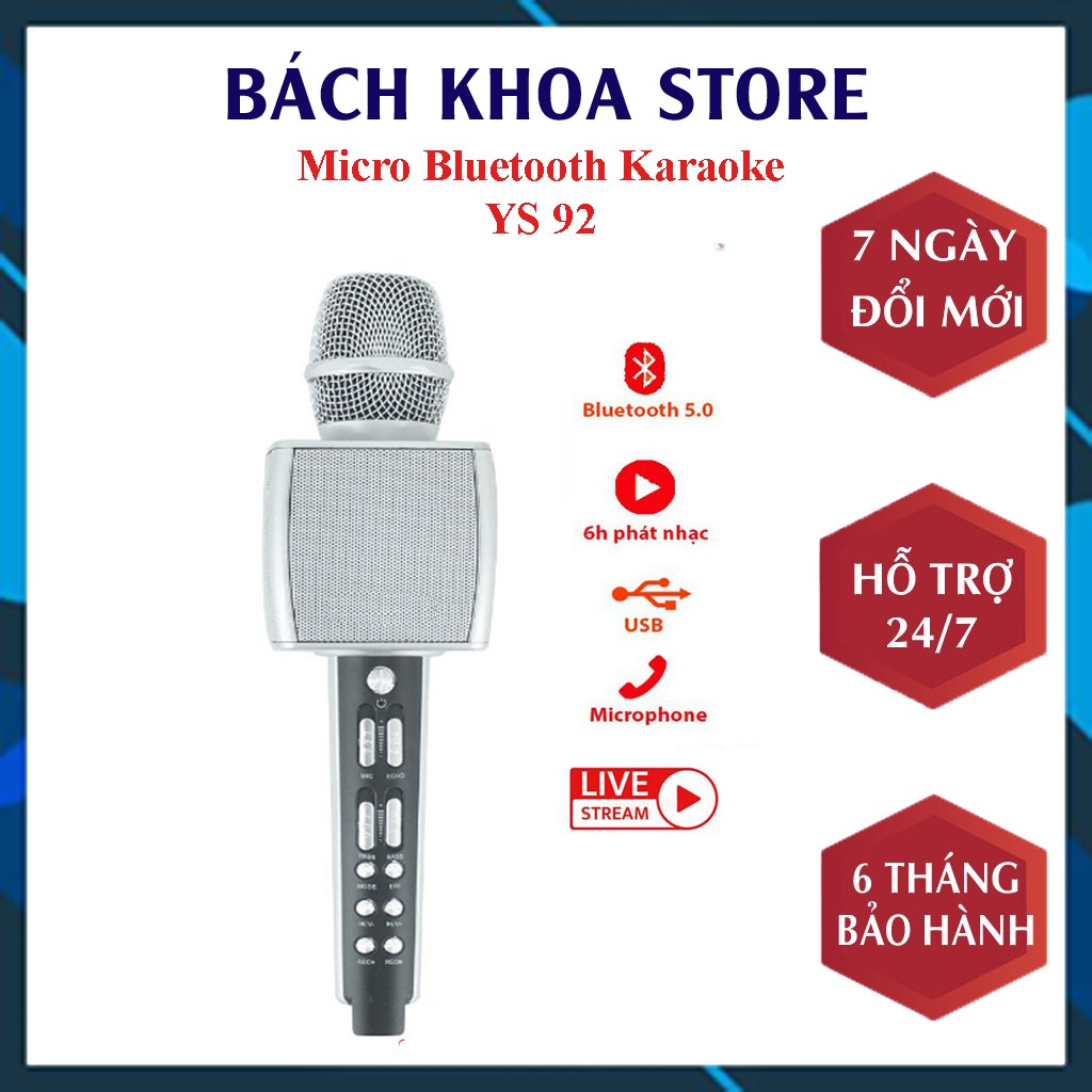 Micro Karaoke Bluetooth YS-92 JVJ Cao Cấp, Mícro Hát Cầm Tay Siêu Hay Cưc Vang Bass Chuẩn - BH 6 Tháng