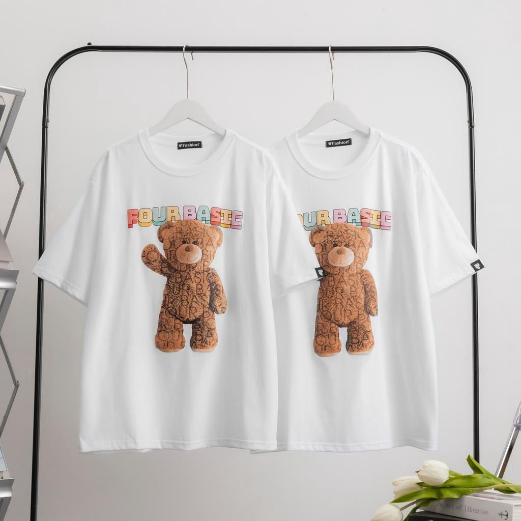 Áo thun nam nữ in hình gấu four basic tay lỡ form rộng style unisex freesize cotton