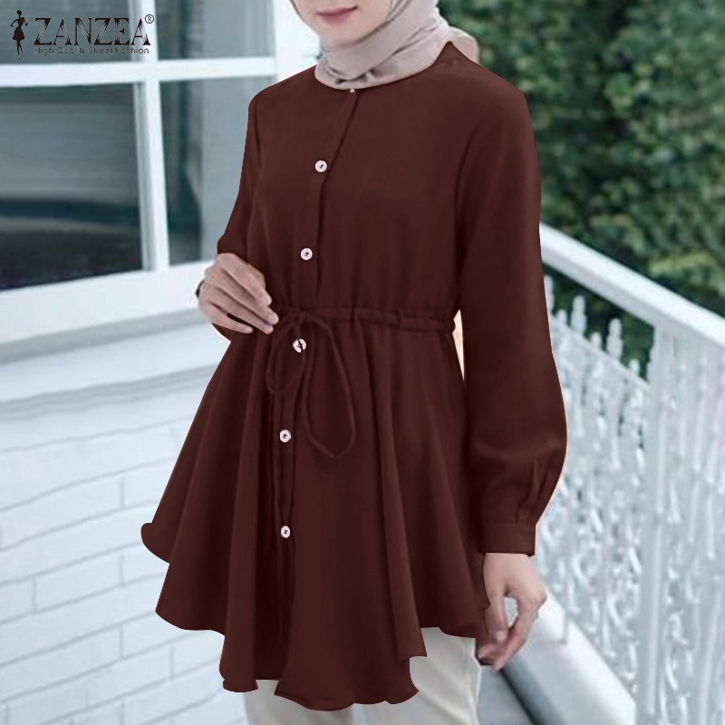 Áo nữ ZANZEA dáng xòe tay dài cổ tròn kích thước rộng phong cách thời trang Hồi Giáo