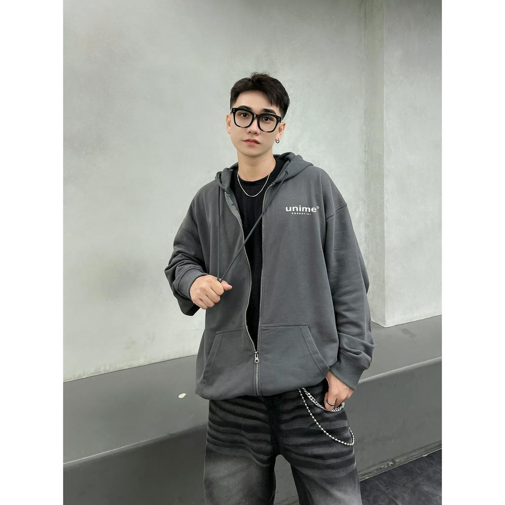 Áo khoác hoodie zip nam/nữ vải chân cua Unime Basic Essential - Xám chì