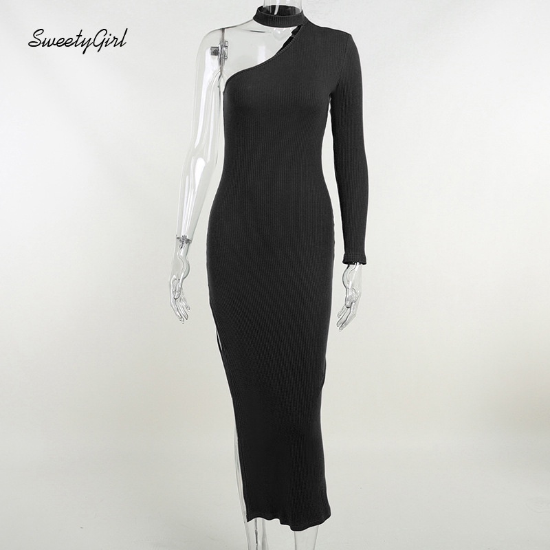 Đầm Maxi Cổ Yếm Tay Dài Ôm Eo Màu Đen Trơn Thời Trang 2022 Dành Cho Bạn Nữ