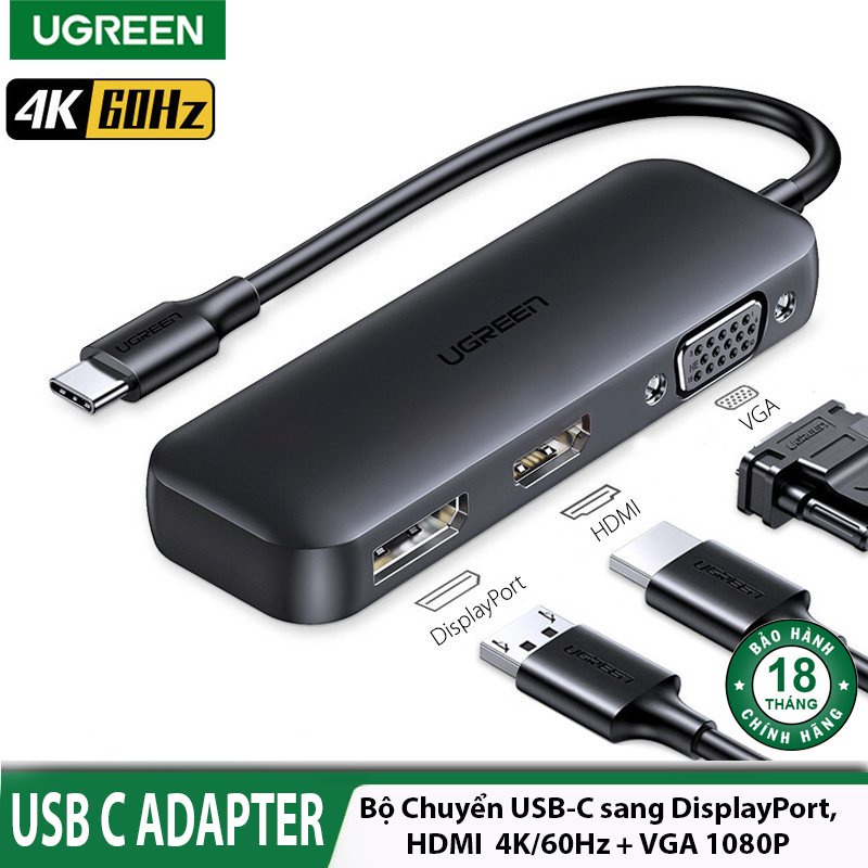 HUB USB Type C 3 in 1 Chính Hãng Ugreen 60568 CM260 DisplayPort 2K@144Hz,HDMI 4K@60Hz+