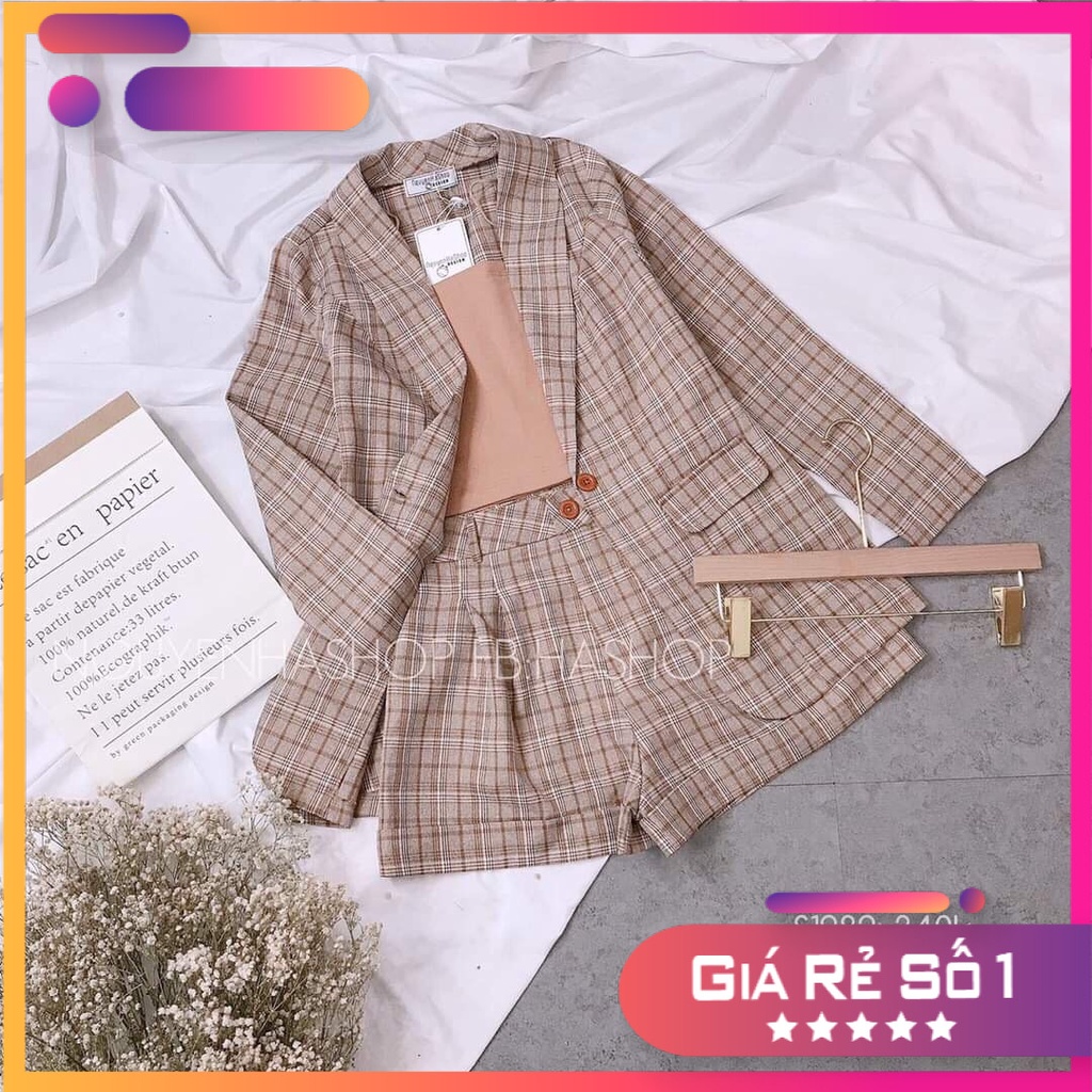 Set Bộ 3 Món CaRo Áo Vest Đính Nút Cài, Quần Ngắn 2 Túi Thời Trang, Áo Lót Thun Pozip Sang Chảnh.Qc