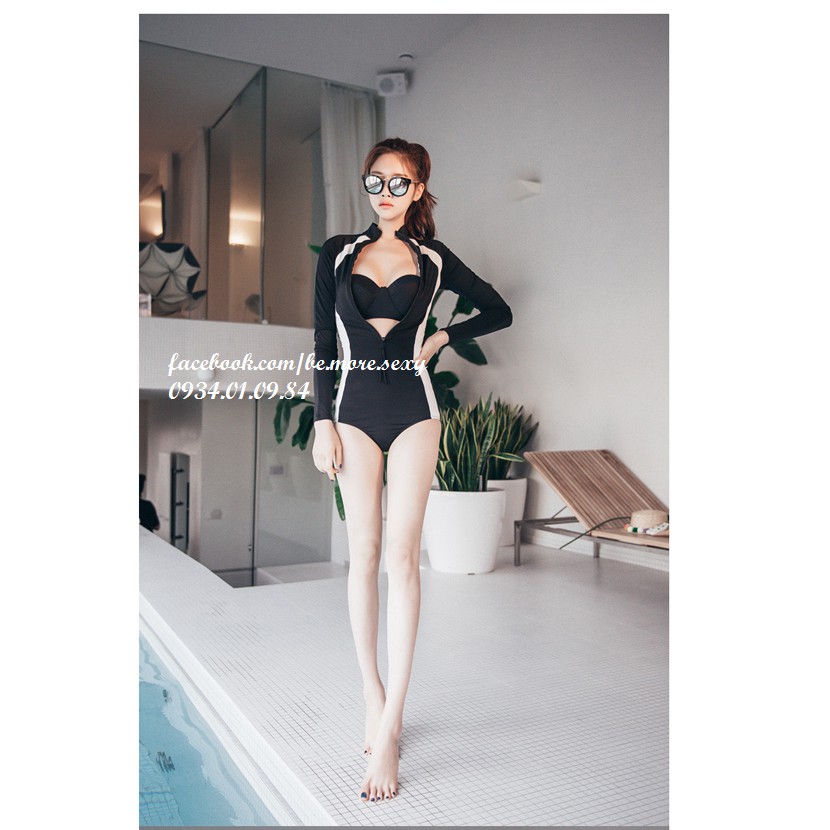 Đồ bơi 1 mảnh dài tay Hàn Quốc đen viền trắng | BigBuy360 - bigbuy360.vn