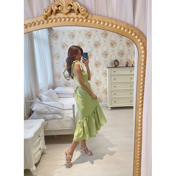 Đầm maxi xanh bơ hai dây cột nơ đi biển du lịch💚