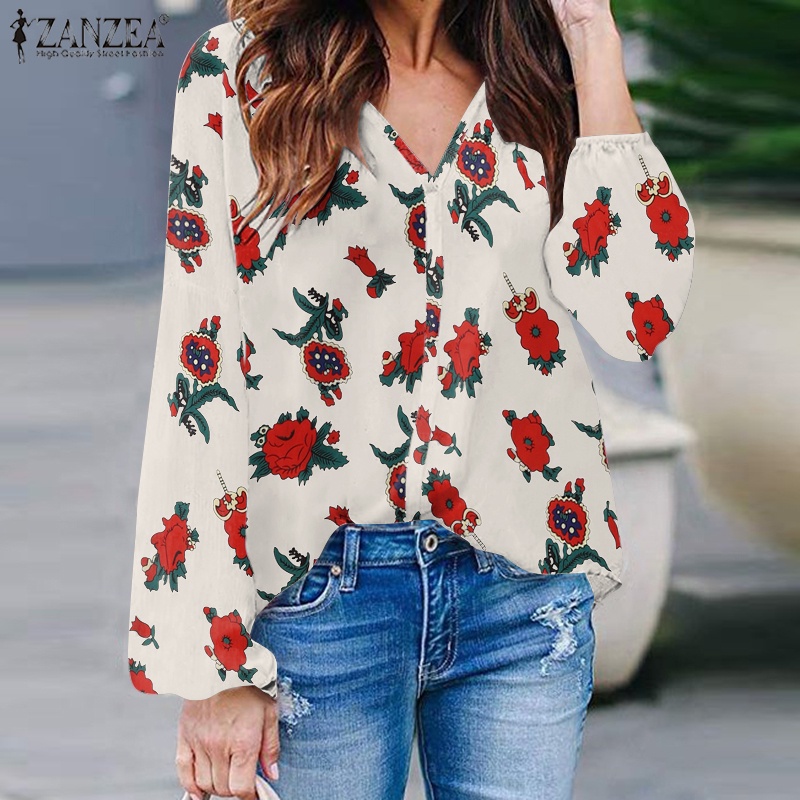 Zanzea Áo Kiểu Tay Dài Cổ Chữ V In Họa Tiết Hoa Thanh Lịch Dành Cho Nữ