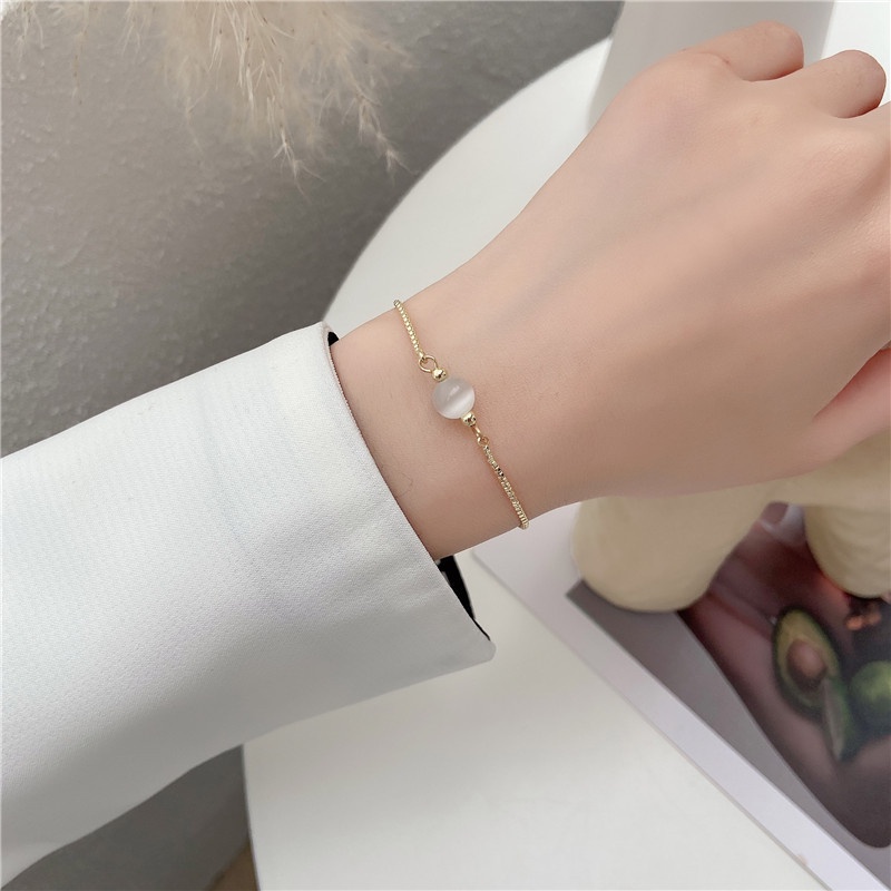✨✨Vòng Tay Đính Đá Opal Màu Dâu Dễ Thương Phong Cách Hàn Quốc Có Thể Điều Chỉnh Cho Nữ