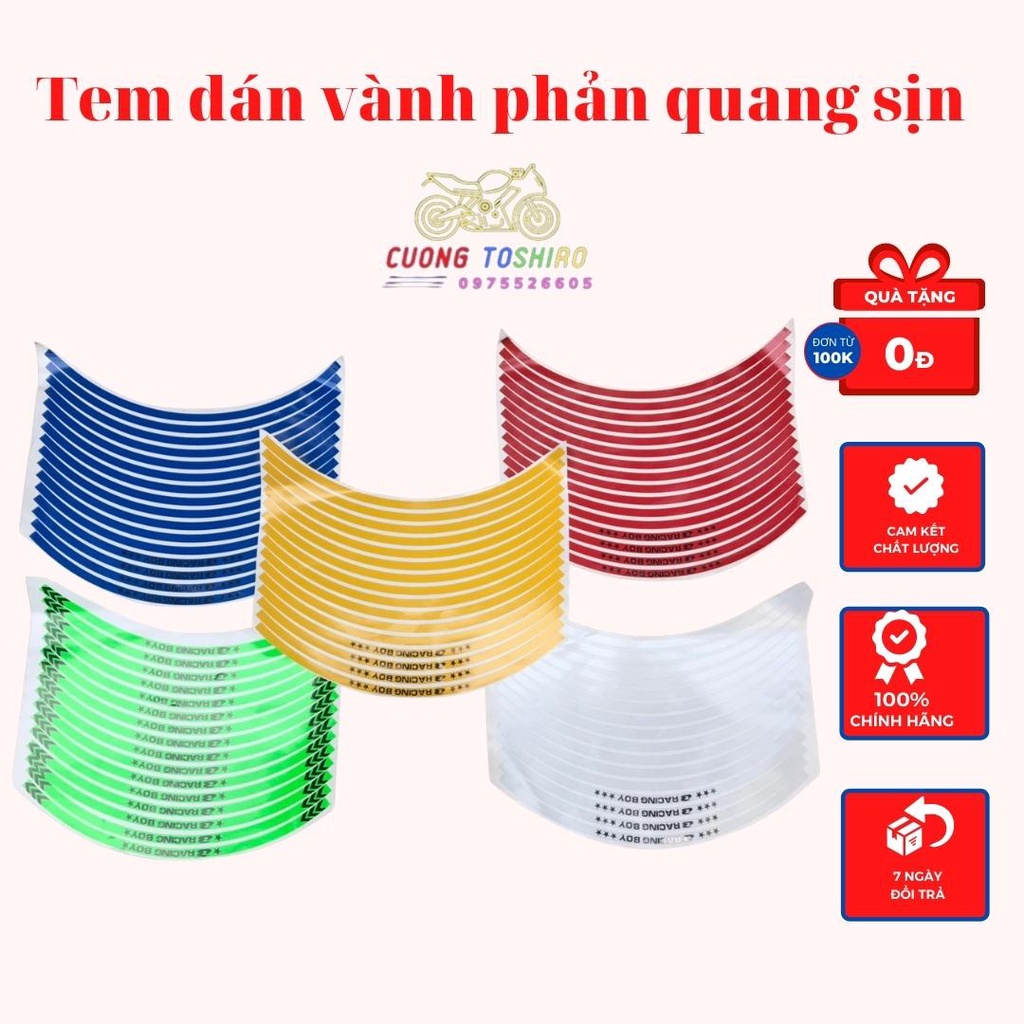 Tem dán vành phản quang chính hãng 3M siêu mạnh dán mọi dòng xe kiểu màu xanh đỏ trắng vàng chống nước