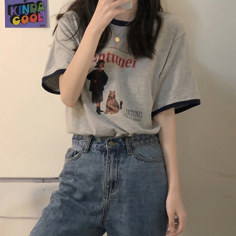 Áo thun SUXI tay ngắn cổ tròn dáng rộng họa tiết chữ thời trang mùa hè dành cho nữ