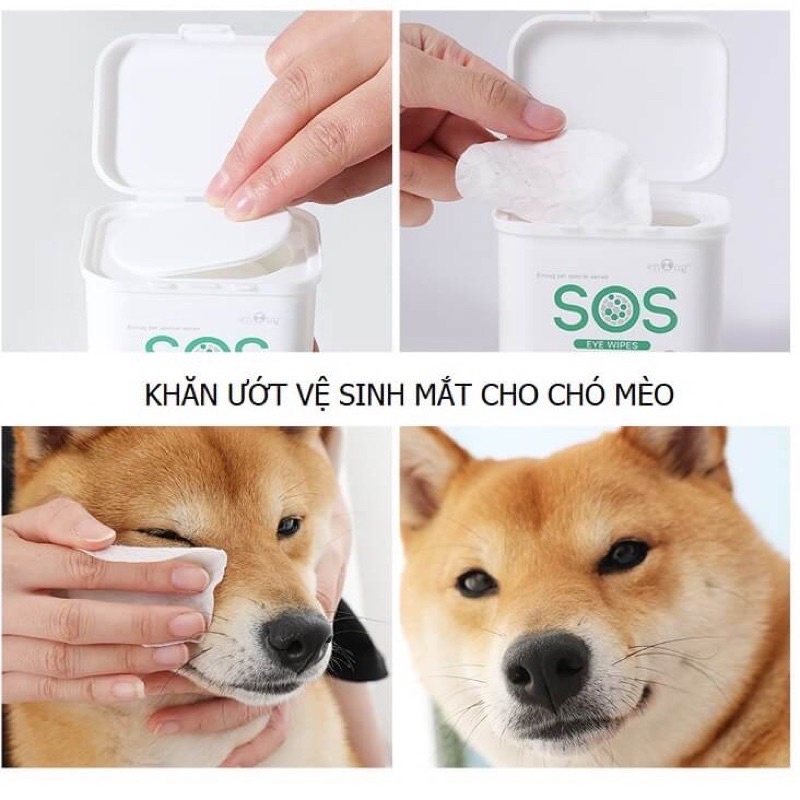 Khăn ướt cho chó mèo lau tai/lau mắt SOS pet ear wipe 100 miếng sạch chất bẩn tai