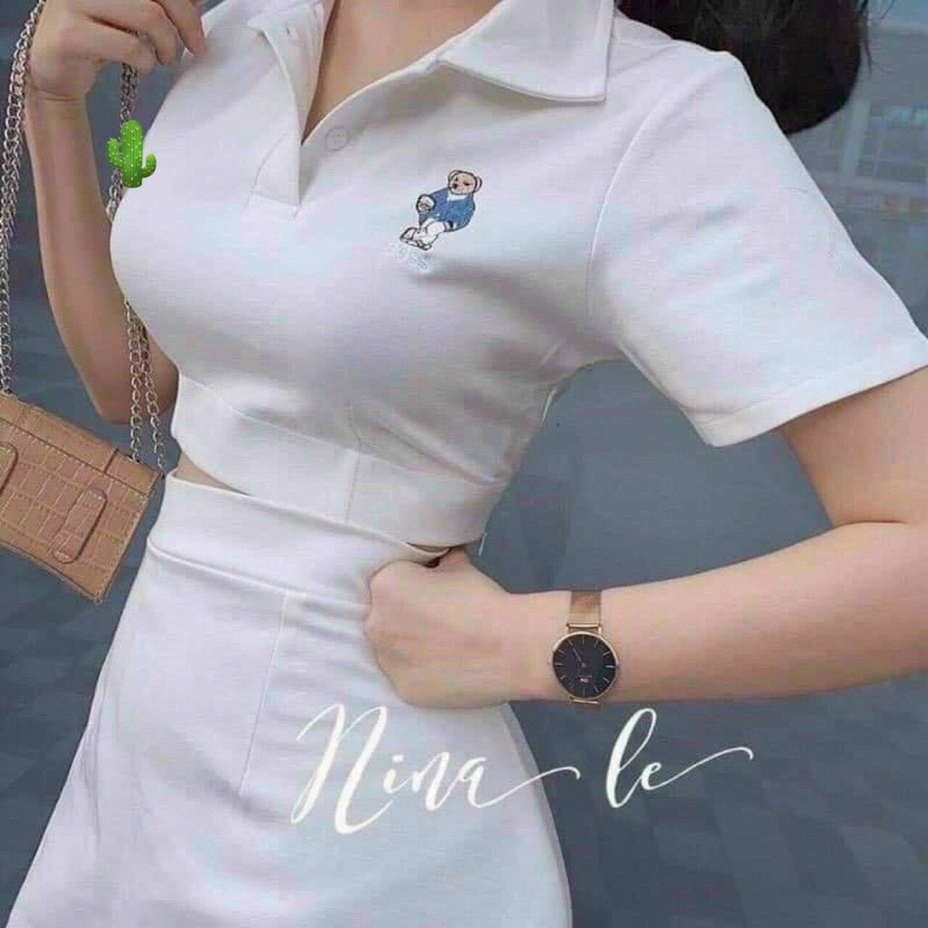 Sét bộ áo croptop cổ bẻ thêu hình logo gấu bên phối chân váy A cực xinh , chất thun bozip mềm mịn