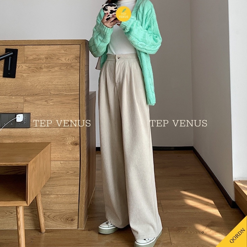 Quần Ống Rộng Nữ Dài Vải Nhung Tăm Cạp Khóa Lưng Cao Thời Trang Hàn Quốc Tep Venus