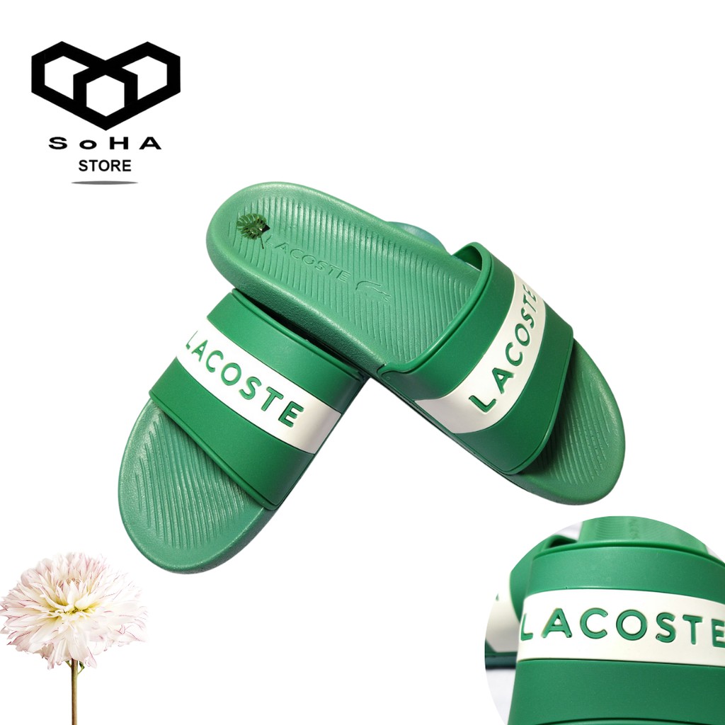 [SoHA] Dép nam LACOSTE quai ngang chất liệu cao su đàn hồi cực êm, đủ size, đế đúc, họa tiết kẻ ngang màu trắng xanh