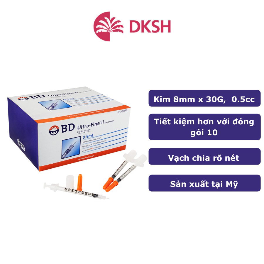 Bơm tiêm insulin  BD Ultra-Fine™ 8mm, 0.5cc 30G dành cho người điều trị tiểu đường, hộp 100 cây