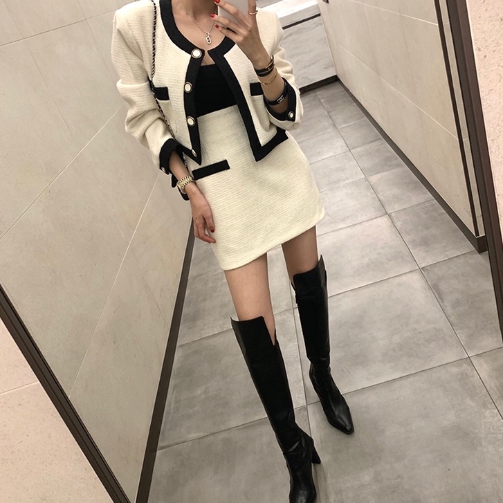 Set Áo Khoác Viền Tương Phản + Chân Váy LSEOUL B1018 Chất Dạ Tweed Dày Dặn Thanh Lịch