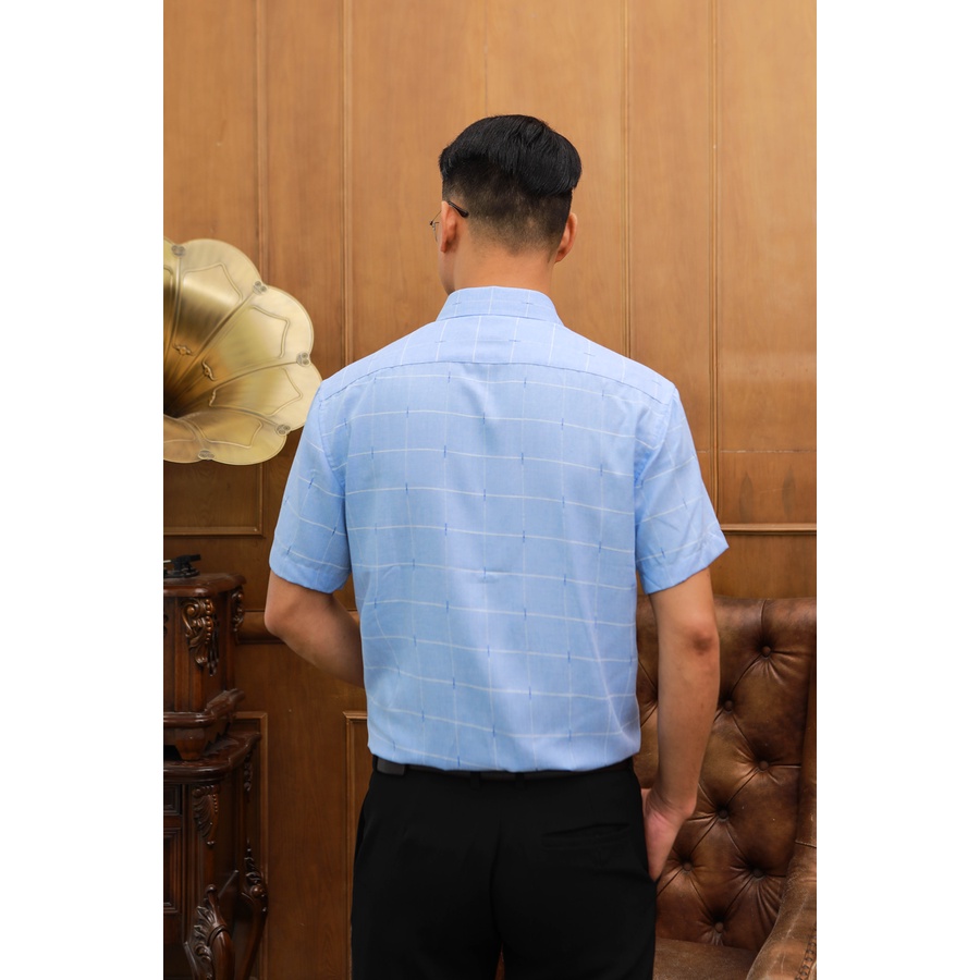 Áo Sơ Mi Nam Công Sở Trung Niên Anton Somianton Màu Xanh Dương Ngắn Tay Vải Sợi Cotton Kẻ Trắng – GD553