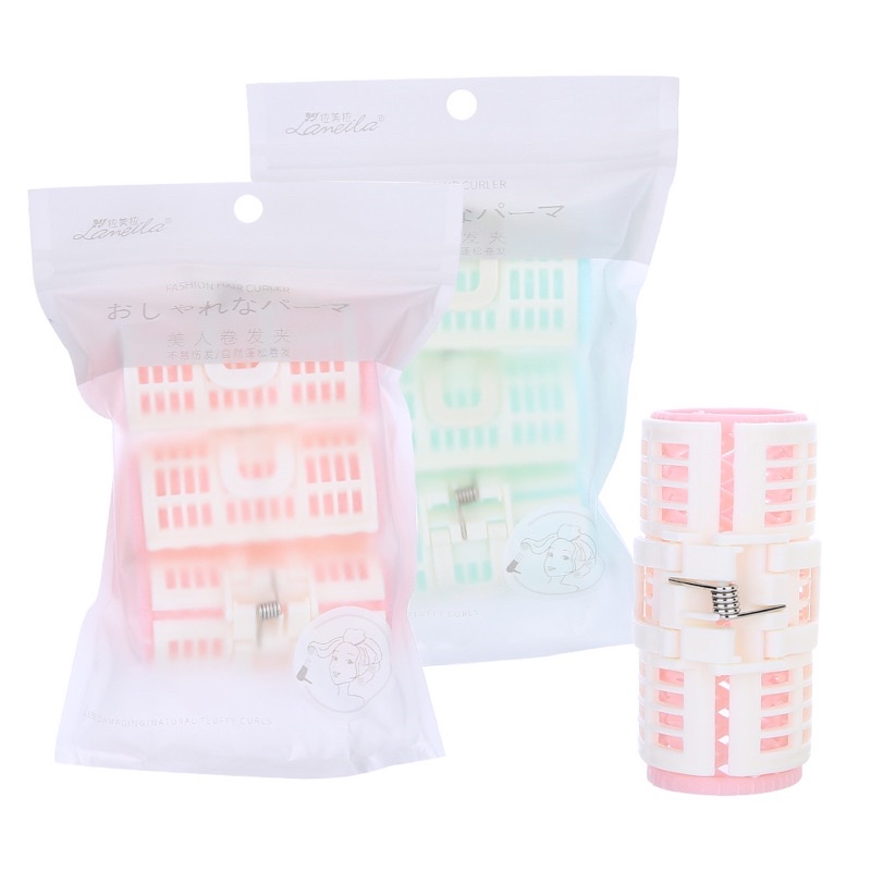 Túi zip 3 lô cuốn tóc nhựa kèm kẹp C034 màu pastel xinh xắn