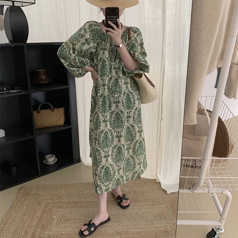 Đầm Suông Hoạ Tiết Tay Phồng Váy Suông Dáng Dài Thời Trang Thanh Lịch