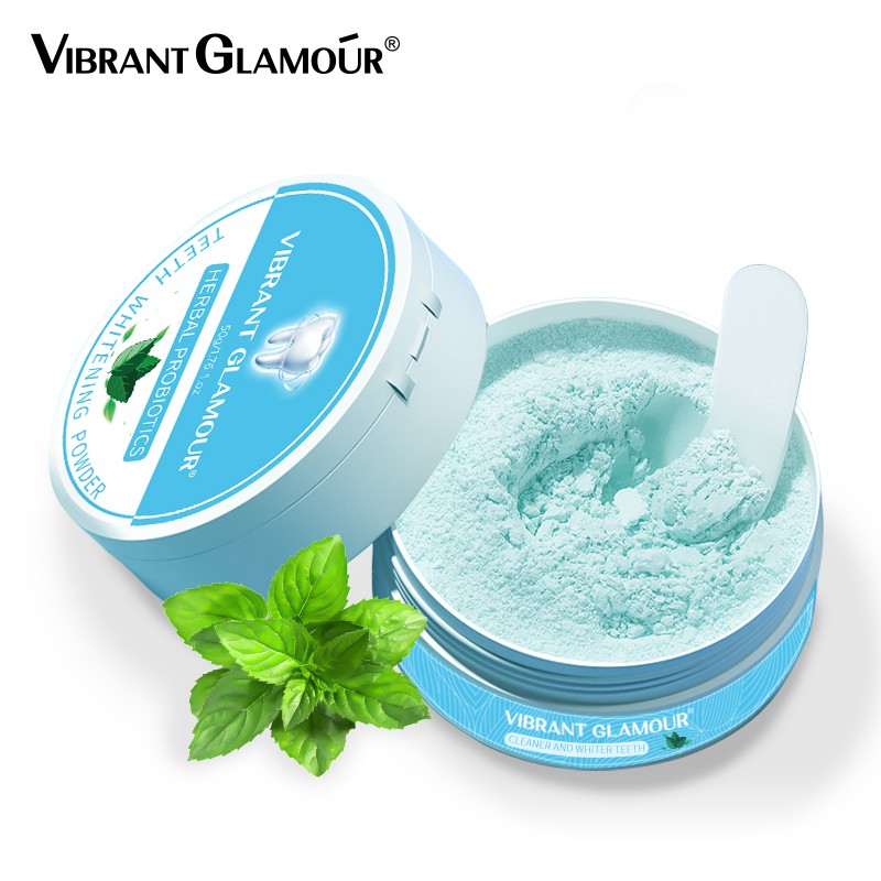 Bột Trắng Răng VIBRANT GLAMOUR Hữu Cơ Tự Nhiên Chiết Xuất Lá Bạc Hà Loại Bỏ Mảng Bám Vệ Sinh Răng Miệng 50g