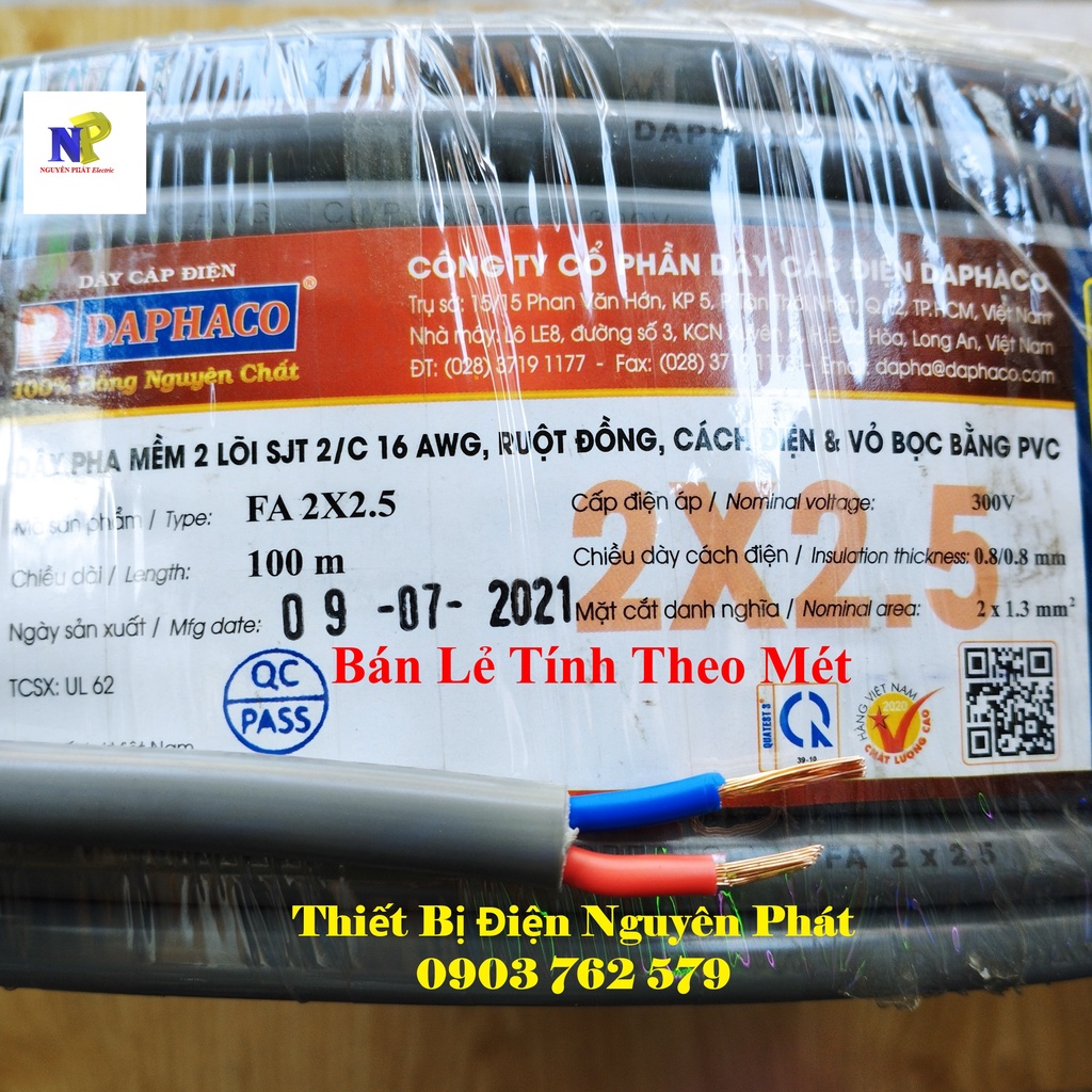 [Daphaco] Dây Điện Đôi 2X2.5 - Lẻ 01 Mét Dây Pha Tròn Xám 2 Lớp Vỏ Bọc Pvc