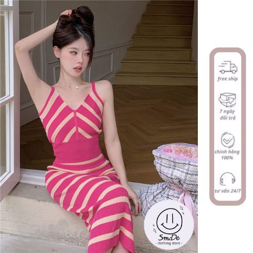 Set Váy Đầm Len Montoghi Hai Dây Ôm Body Kẻ Sọc Dáng Dài Quyến Rũ | Smide Clothing
