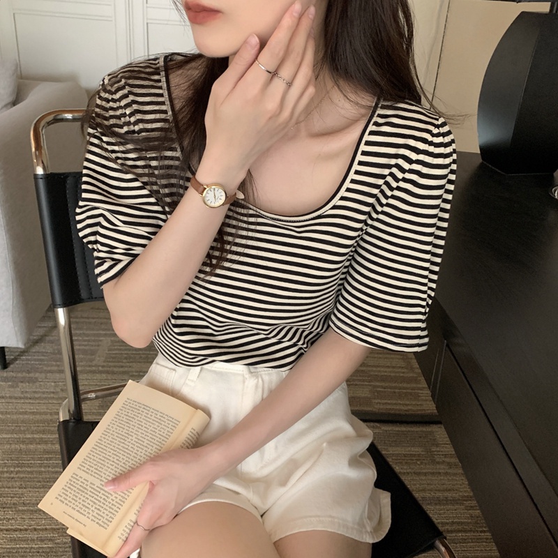 Áo Thun Tay Ngắn Cổ Vuông Dáng Rộng Họa Tiết Kẻ Sọc 51265 Thời Trang Cho Nữ