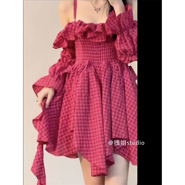 Váy Trễ Vai Bèo Tay Bồng Tầng Kẻ Ô Màu Hồng Phong Cách Hàn Quốc ❤️