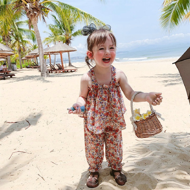 Set Đồ Mùa Hè 2 Món Gồm Áo Không Tay In Hoa + Quần Cotton Cho Bé Gái