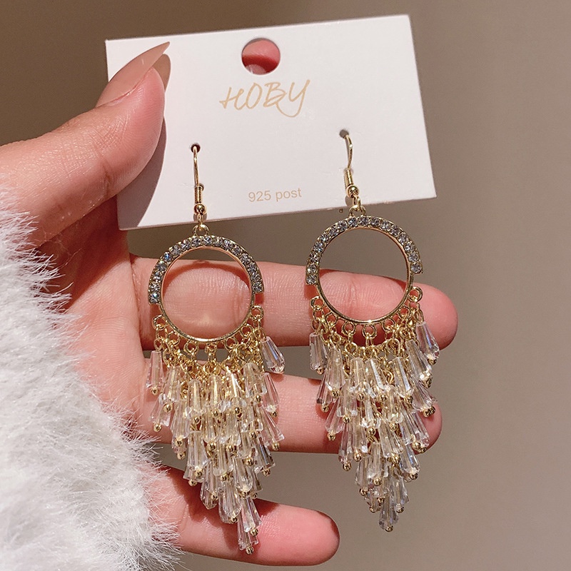 Đôi Khuyên Tai Dài Tua Rua Đính Đá Thời Trang Cho Nữ