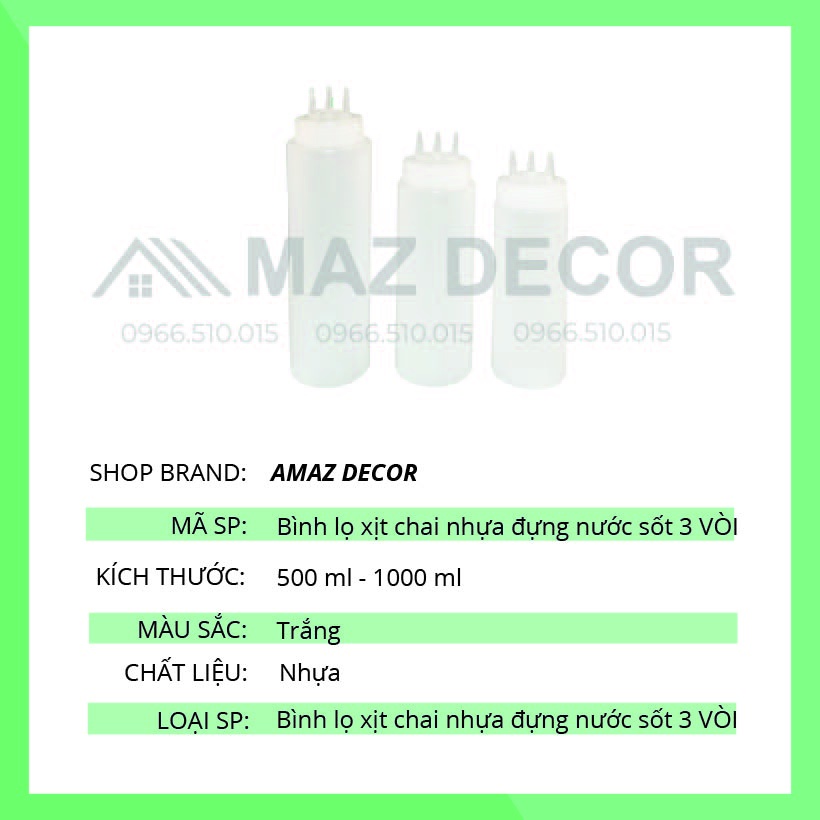 SALE GIÁ SHOCK Bình lọ xịt chai nhựa đựng nước sốt 3 VÒI siro mayonnaise 500ml-1l siêu tiện dụng