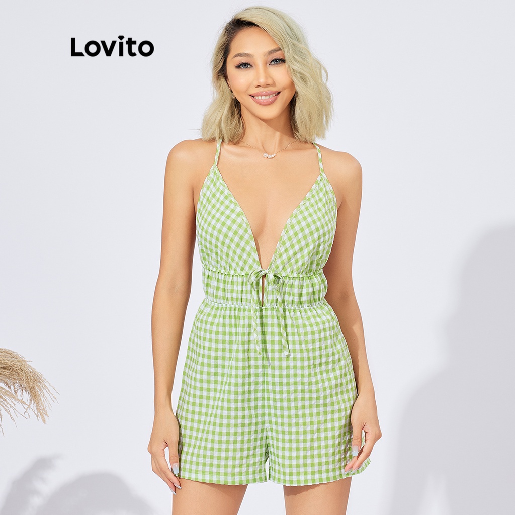 Lovito Áo LiềN QuầN Spaghetti Kẻ SọC Caro Có Dây Đeo Ren L22AD083 (Xanh Lá Cây)