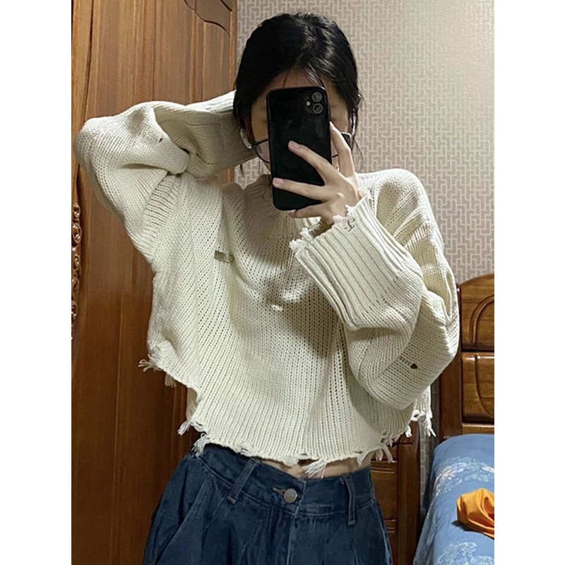 Áo Sweater Dệt Kim Thiết Kế Rách Dáng Rộng Thời Trang Thu Đông Mới Cho Nữ