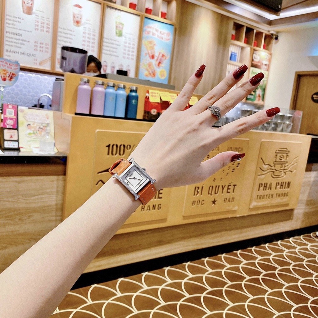 Đồng hồ Hermes Heure H Double Jeu nữ dây da - Viền Ceramic Mặt Đính Đá - Size 26x32mm hermes