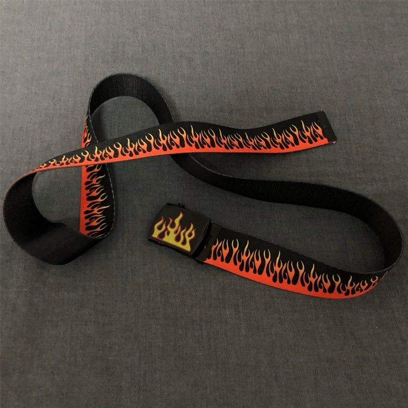 Thắt lưng 227004 khóa trượt vải canvas in họa tiết ngọn lửa phong cách Hàn Quốc dễ phối đồ cho nam nữ